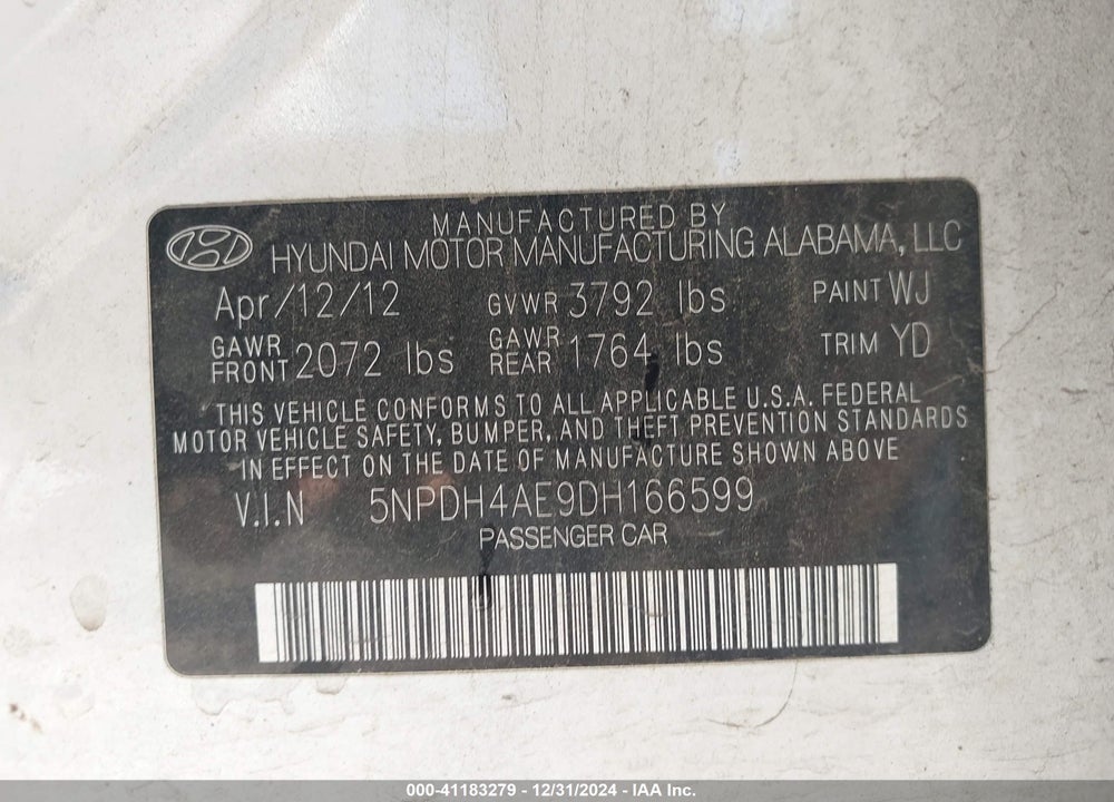 2013 HYUNDAI ELANTRA VIN: 5NPDH4AE9DH166599