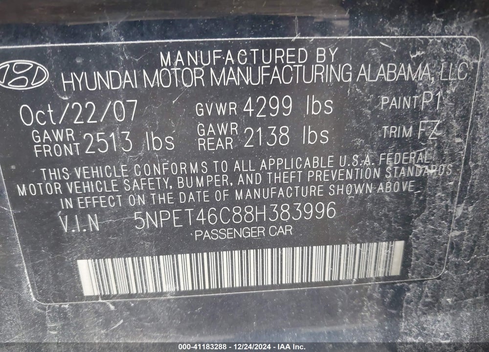 2008 HYUNDAI SONATA GLS VIN: 5NPET46C88H383996