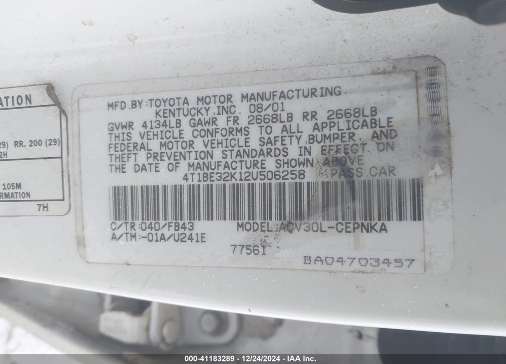 2002 TOYOTA CAMRY LE VIN: 4T1BE32K12U506258