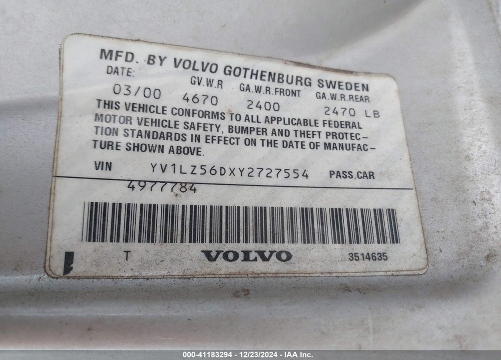 2000 VOLVO V70 VIN: YV1LZ56DXY2727554