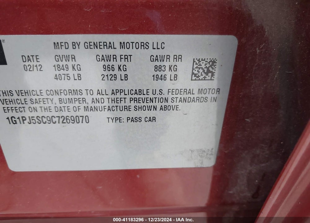 2012 CHEVROLET CRUZE ECO VIN: 1G1PJ5SC9C7269070