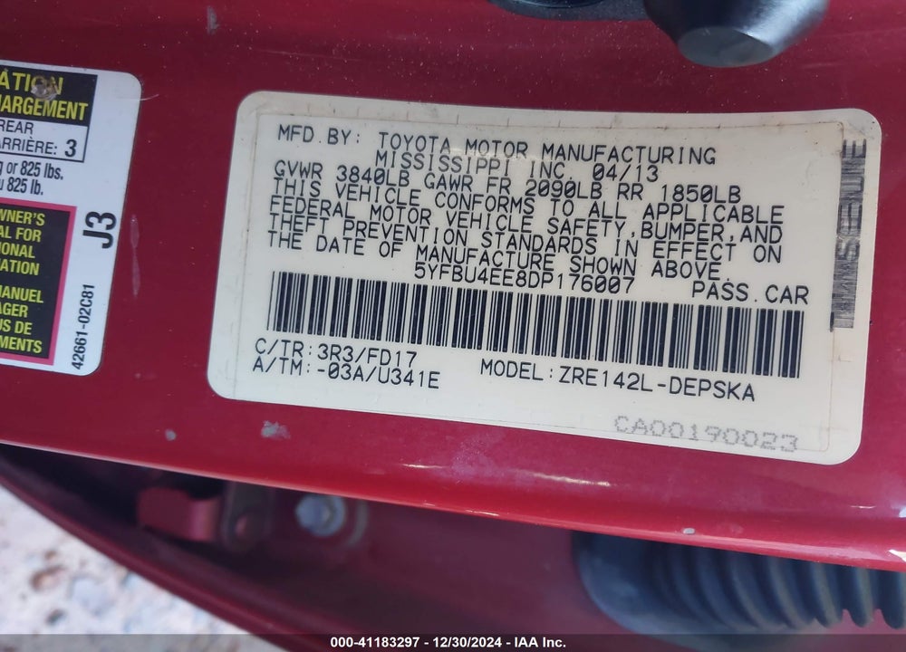 2013 TOYOTA COROLLA S VIN: 5YFBU4EE8DP176007
