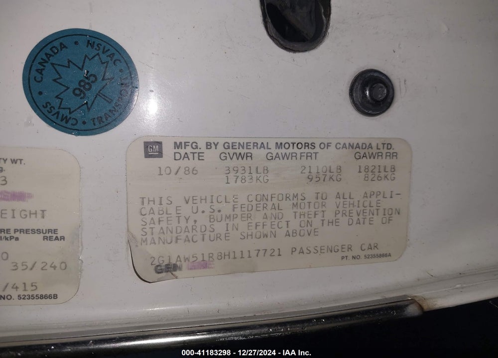 1987 CHEVROLET CELEBRITY VIN: 2G1AW51R8H1117721