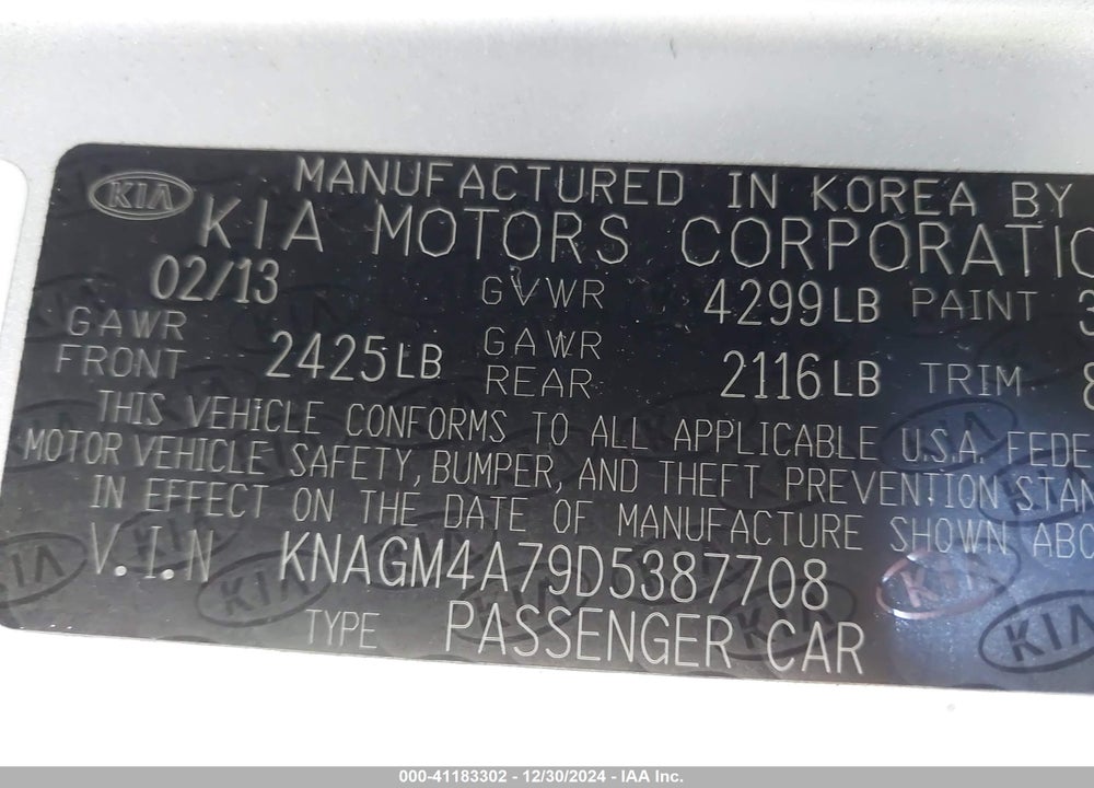 2013 KIA OPTIMA LX VIN: KNAGM4A79D5387708