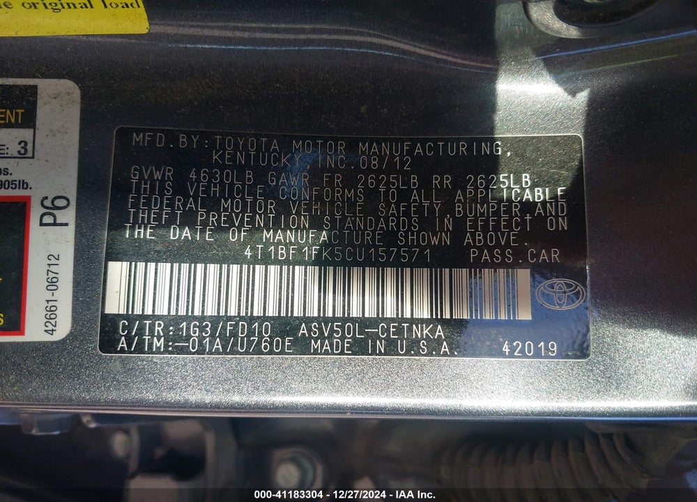 2012 TOYOTA CAMRY LE VIN: 4T1BF1FK5CU157571