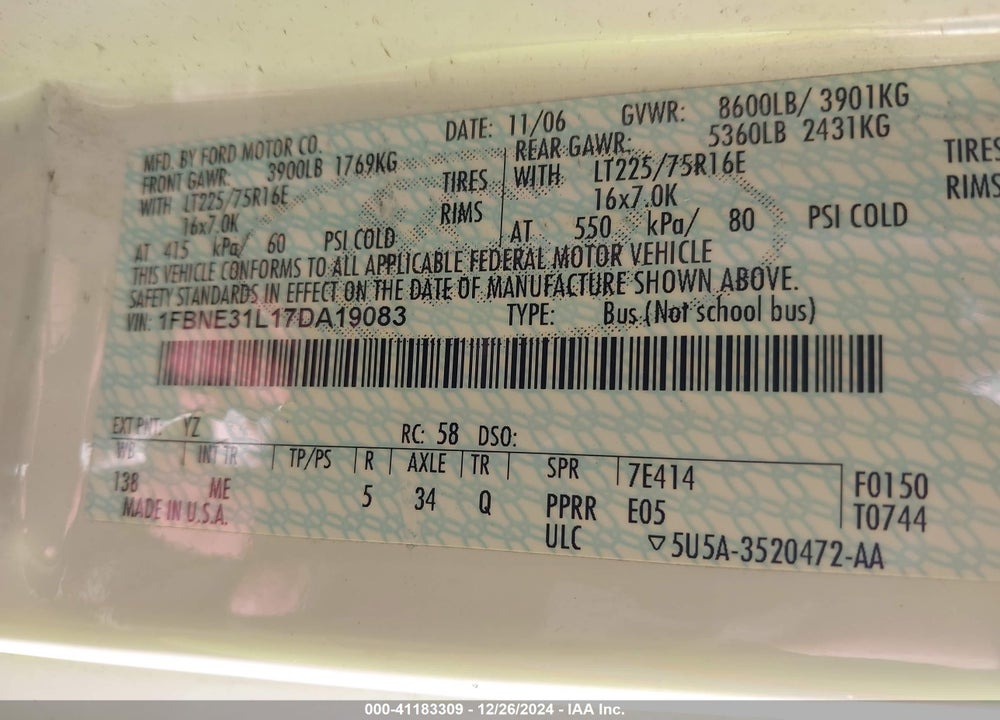 2007 FORD E-350 SUPER DUTY XL/XLT VIN: 1FBNE31L17DA19083