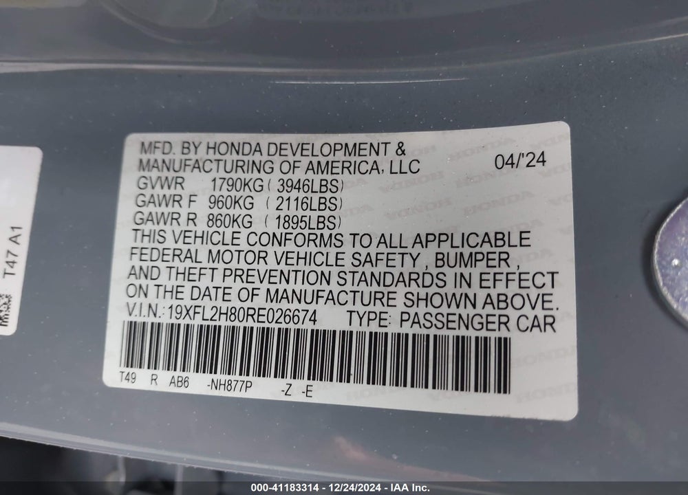 2024 HONDA CIVIC VIN: 19XFL2H80RE026674