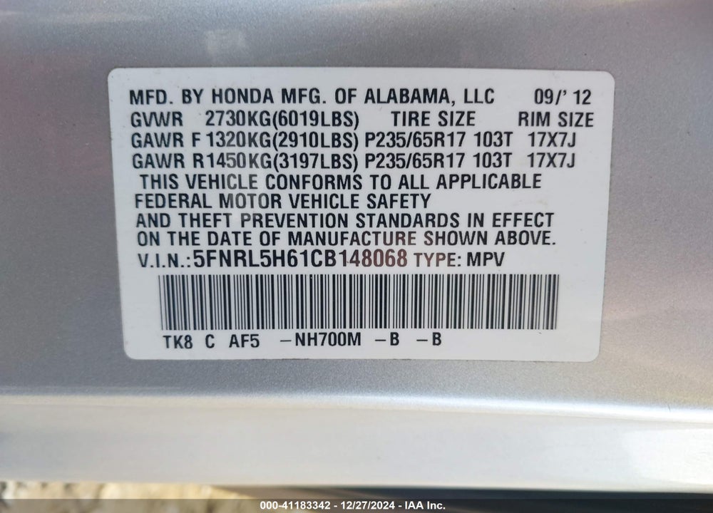 2012 HONDA ODYSSEY EX-L VIN: 5FNRL5H61CB148068
