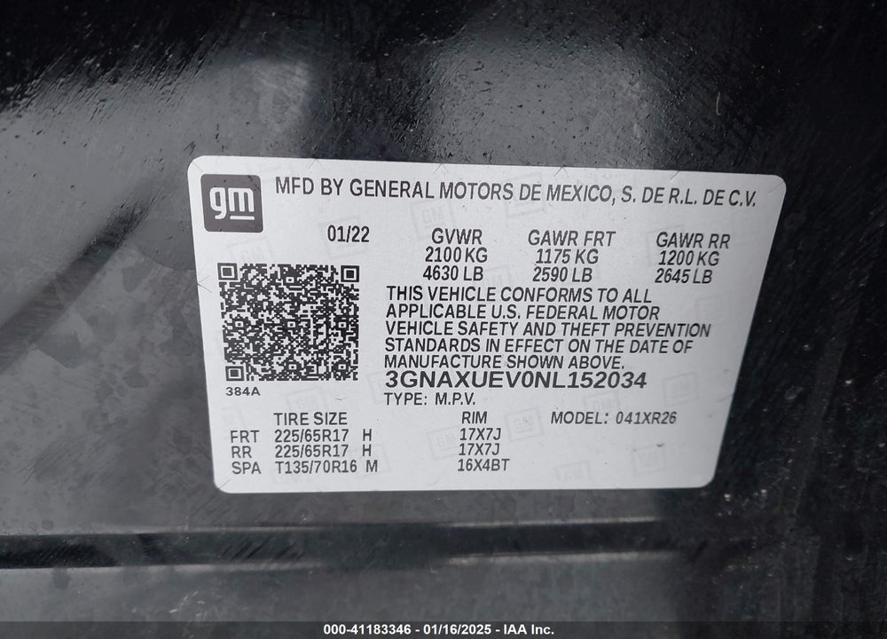 2022 CHEVROLET EQUINOX VIN: 3GNAXUEV0NL152034