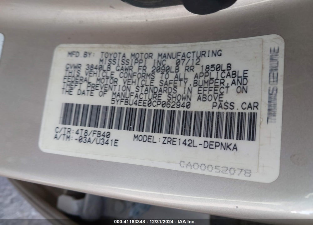 2012 TOYOTA COROLLA LE VIN: 5YFBU4EE0CP062940