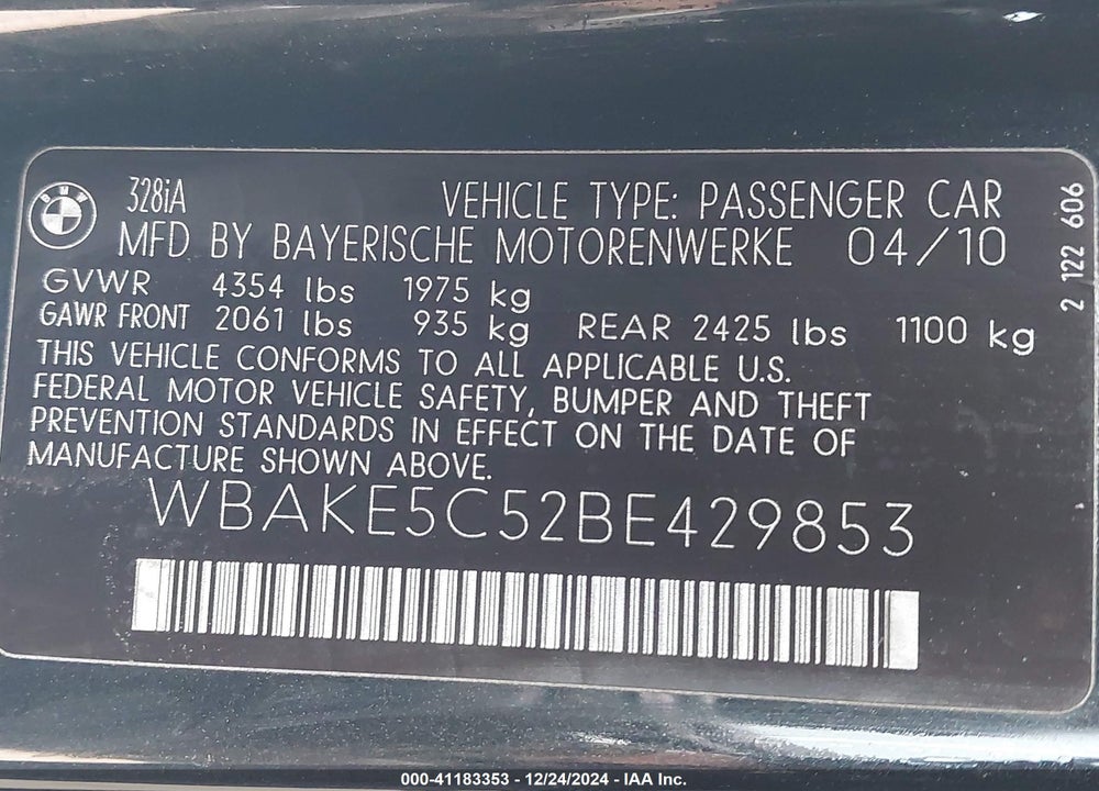 2011 BMW 328I VIN: WBAKE5C52BE429853