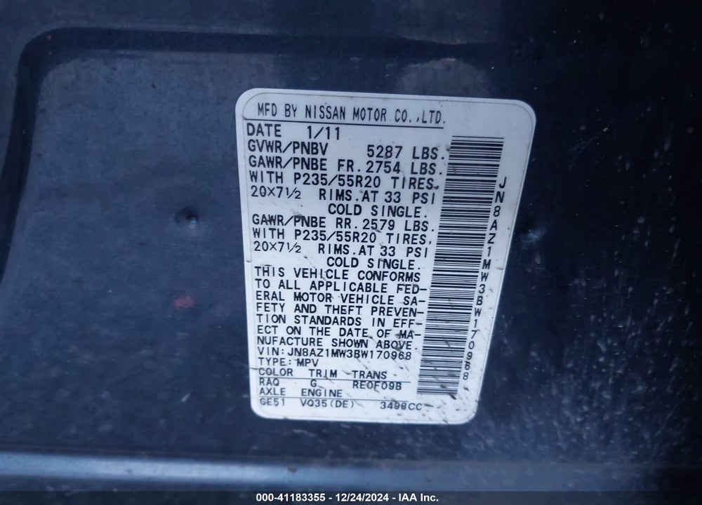 2011 NISSAN MURANO LE VIN: JN8AZ1MW3BW170968