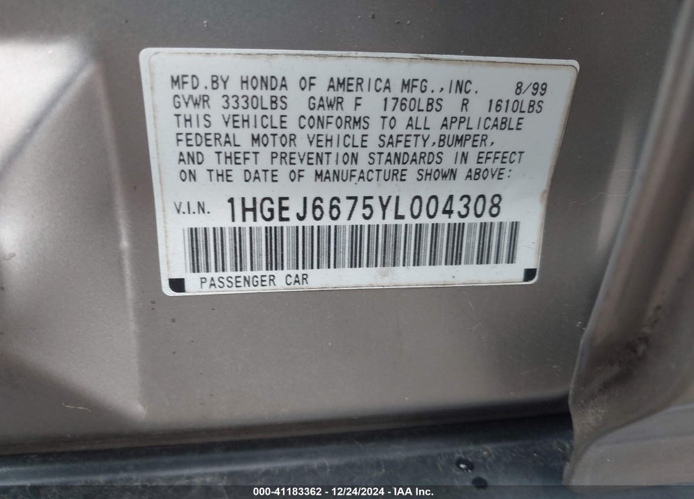 2000 HONDA CIVIC LX VIN: 1HGEJ6675YL004308