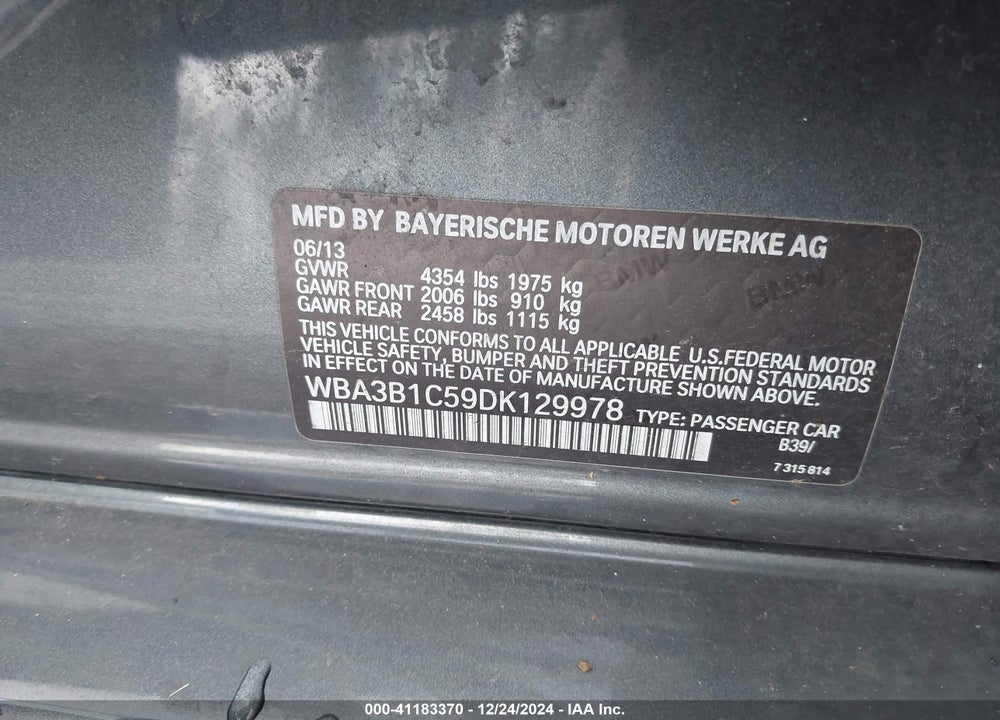 2013 BMW 320I VIN: WBA3B1C59DK129978