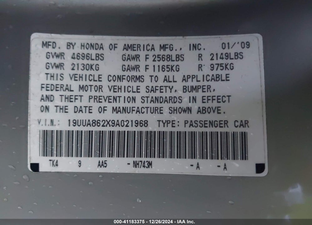 2009 ACURA TL VIN: 19UUA862X9A021968