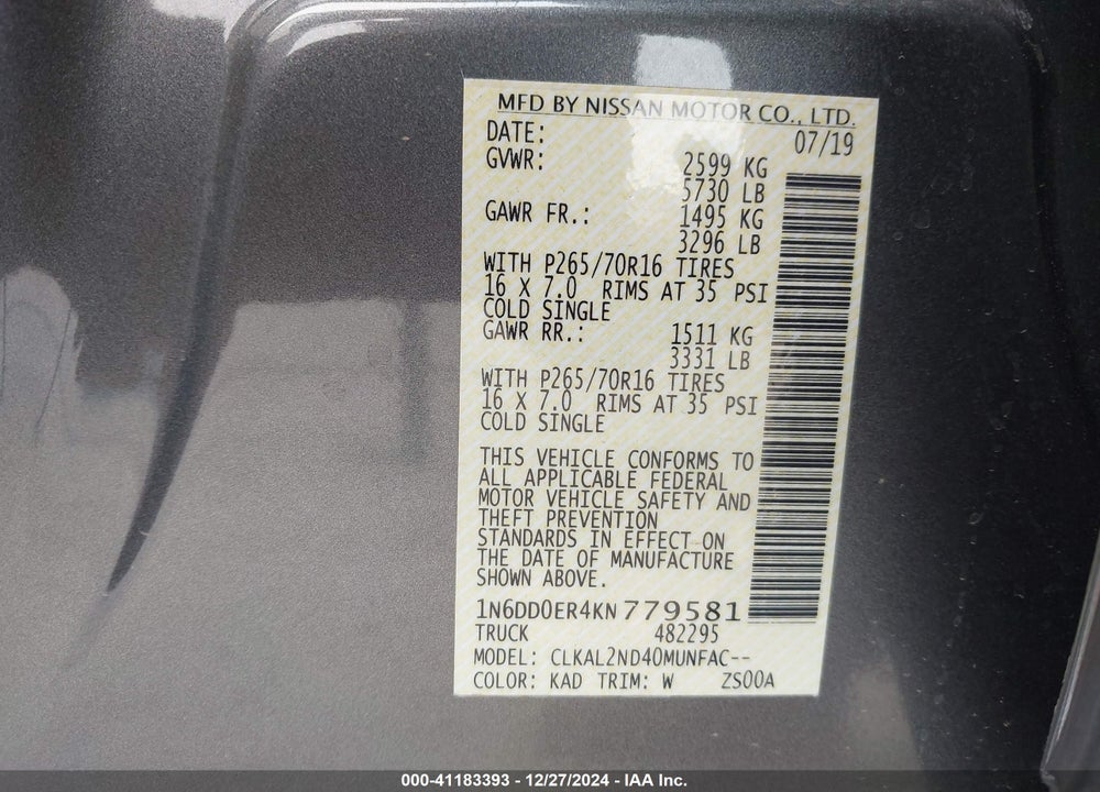 2019 NISSAN FRONTIER VIN: 1N6DD0ER4KN779581