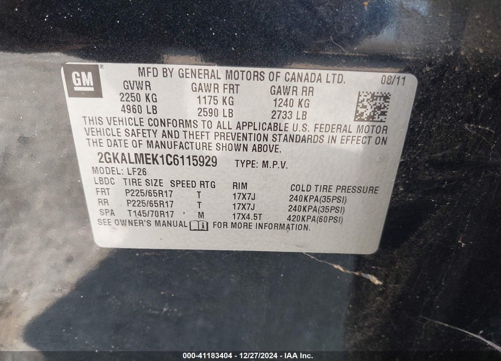2012 GMC TERRAIN SLE-1 VIN: 2GKALMEK1C6115929