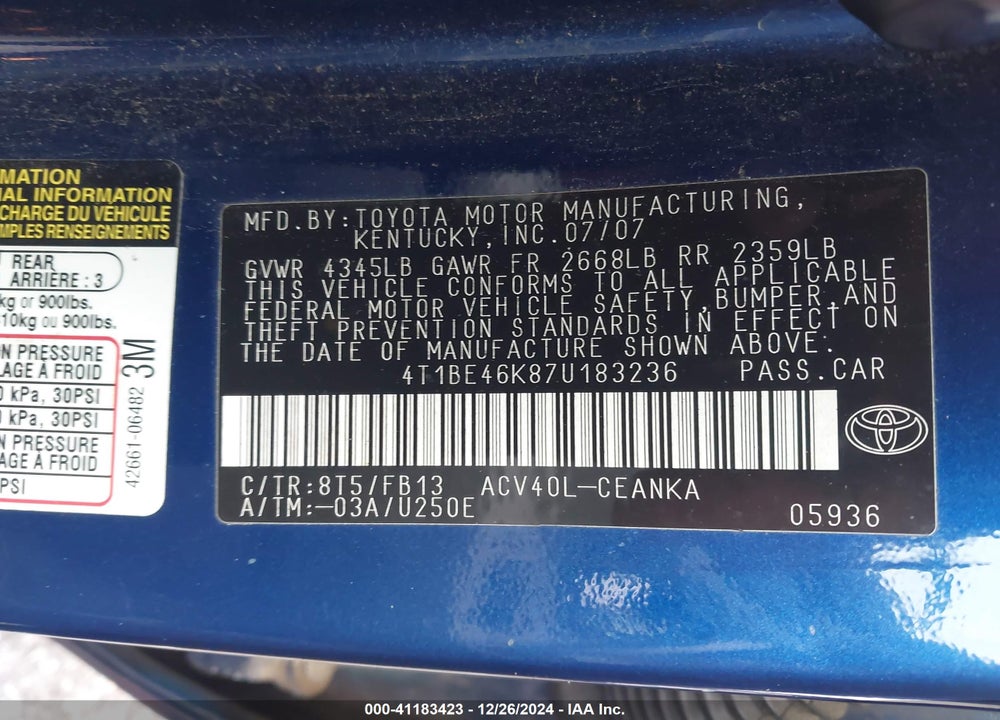 2007 TOYOTA CAMRY VIN: 4T1BE46K87U183236