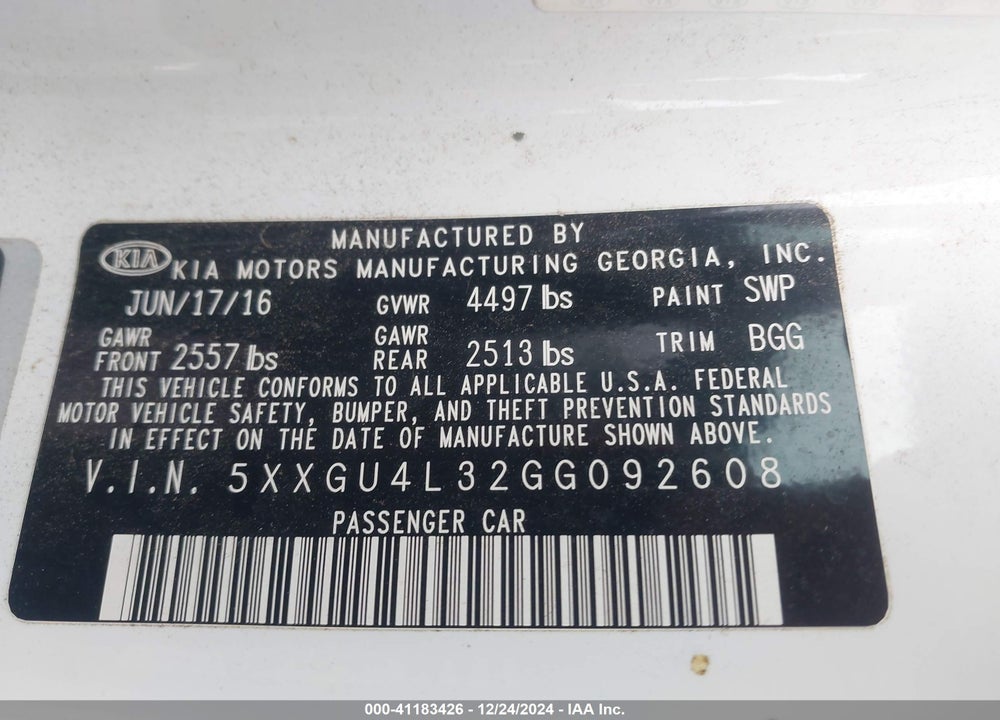 2016 KIA OPTIMA VIN: 5XXGU4L32GG092608