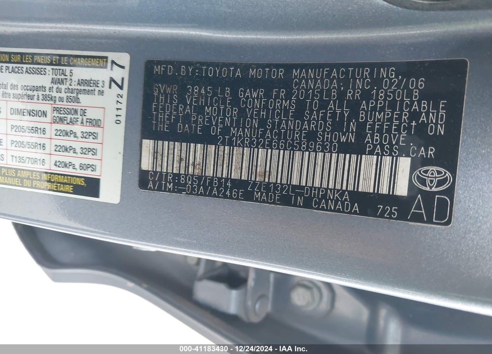 2006 TOYOTA MATRIX/XR VIN: 2T1KR32E66C589630