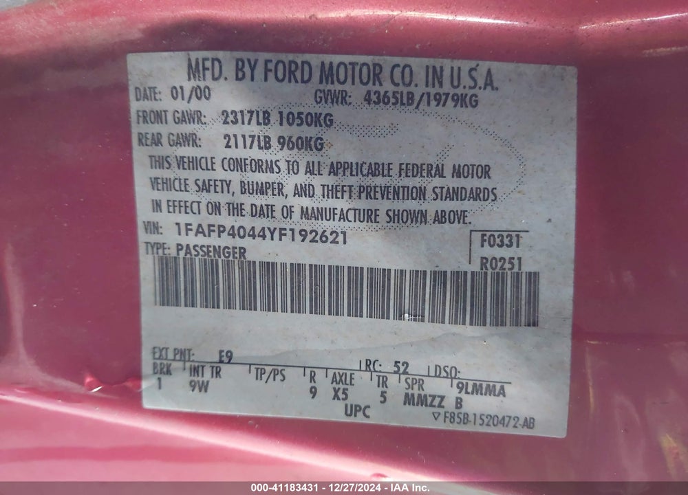 2000 FORD MUSTANG VIN: 1FAFP4044YF192621