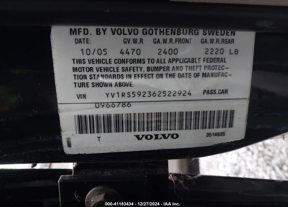 2006 VOLVO S60 VIN: YV1RS592362522924