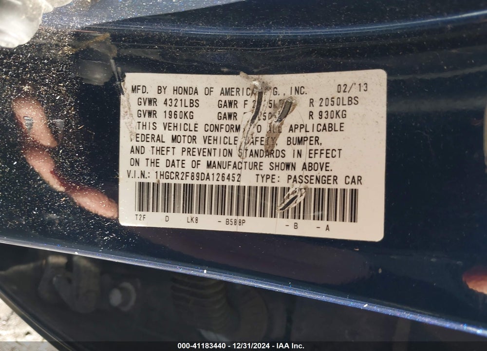 2013 HONDA ACCORD EX-L VIN: 1HGCR2F89DA126452