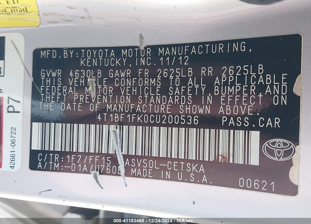 2012 TOYOTA CAMRY SE VIN: 4T1BF1FK0CU200536