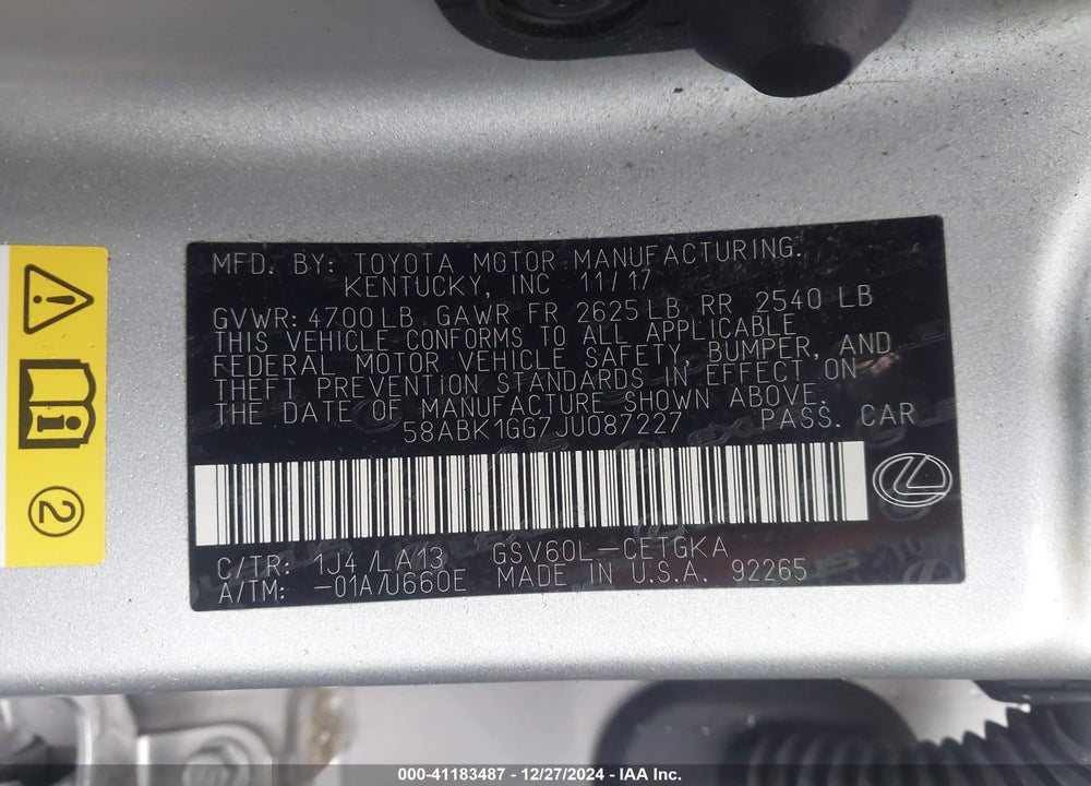 2018 LEXUS ES 350 VIN: 58ABK1GG7JU087227
