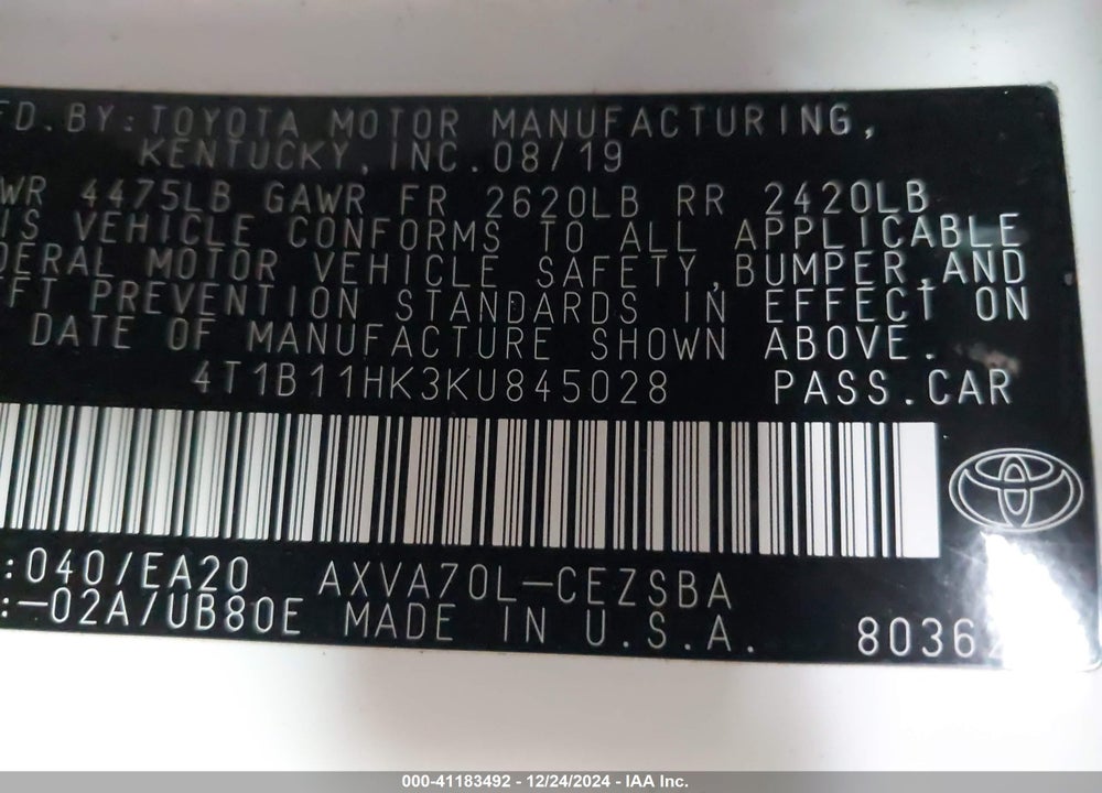 2019 TOYOTA CAMRY SE VIN: 4T1B11HK3KU845028