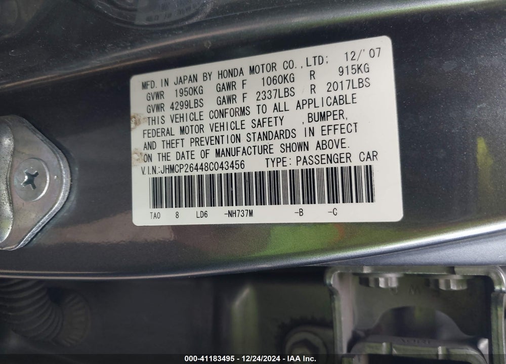 2008 HONDA ACCORD 2.4 LX-P VIN: JHMCP26448C043456