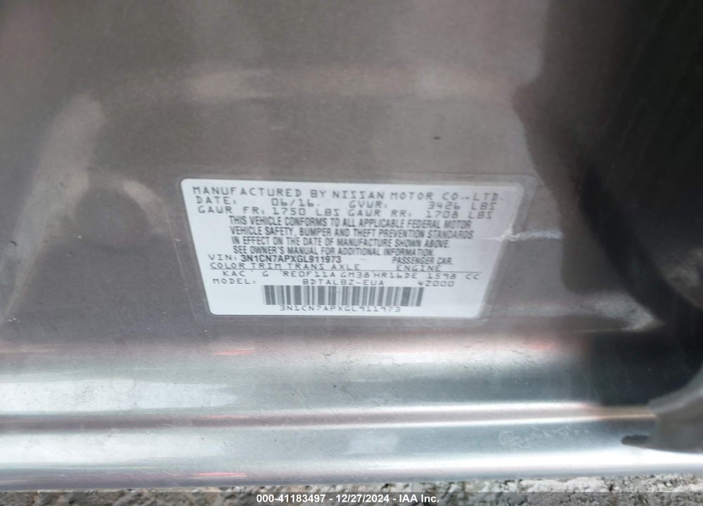 2016 NISSAN VERSA VIN: 3N1CN7APXGL911973