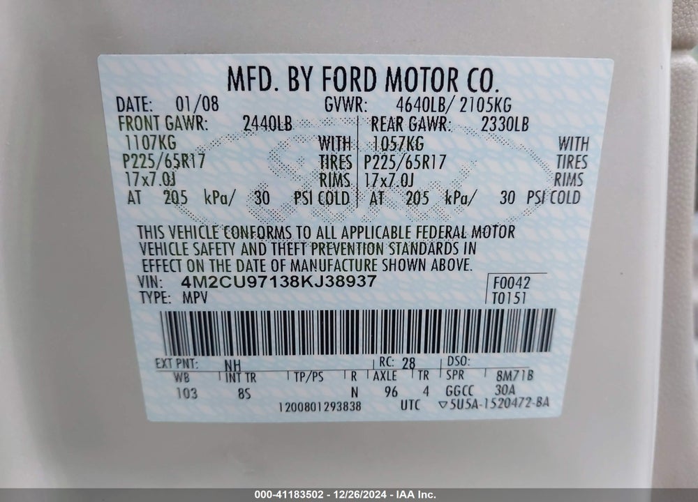2008 MERCURY MARINER PREMIER VIN: 4M2CU97138KJ38937