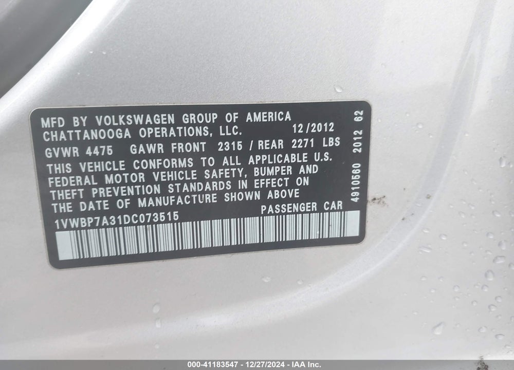 2013 VOLKSWAGEN PASSAT 2.5L SE VIN: 1VWBP7A31DC073515