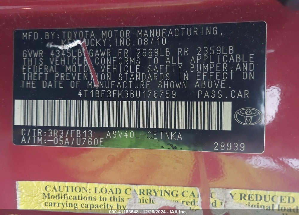 2011 TOYOTA CAMRY VIN: 4T1BF3EK3BU176759