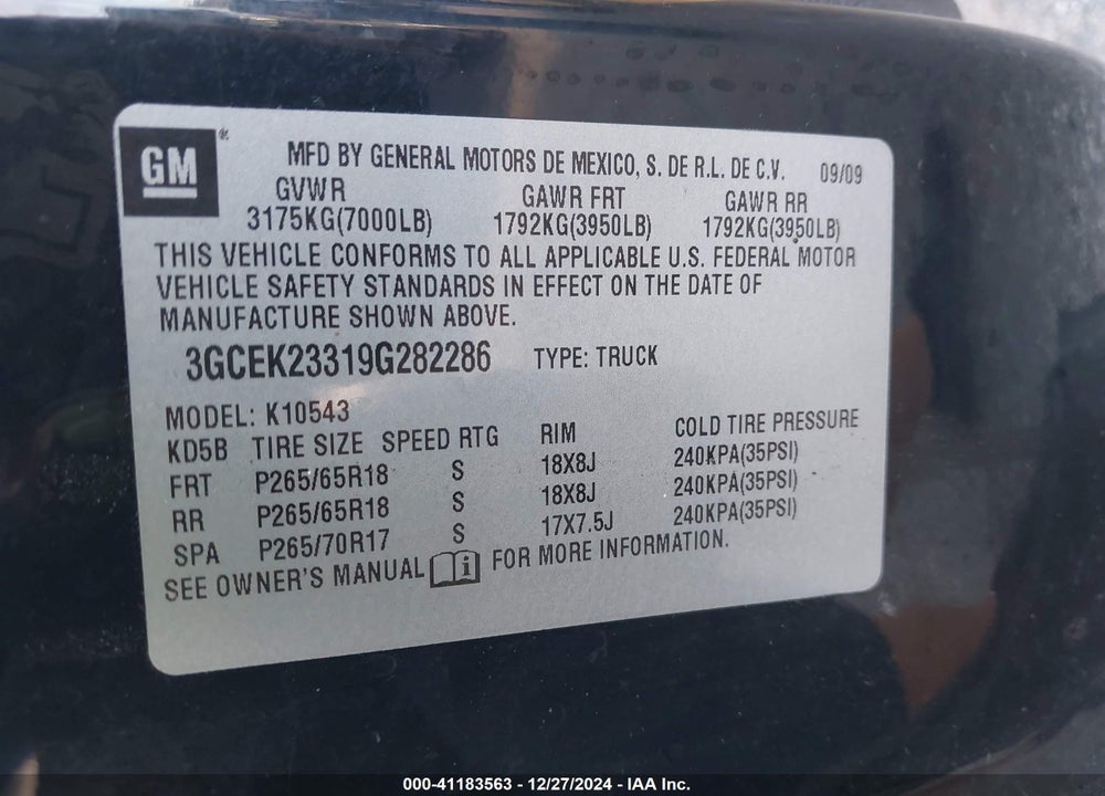 2009 CHEVROLET SILVERADO 1500 LT VIN: 3GCEK23319G282286