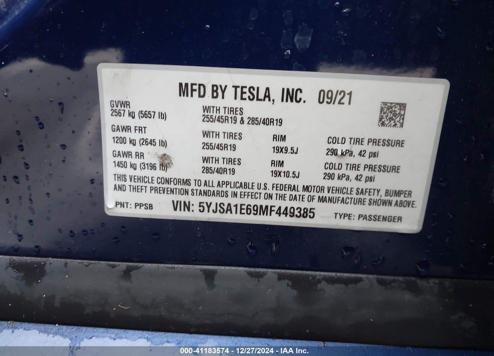 2021 TESLA MODEL S VIN: 5YJSA1E69MF449385