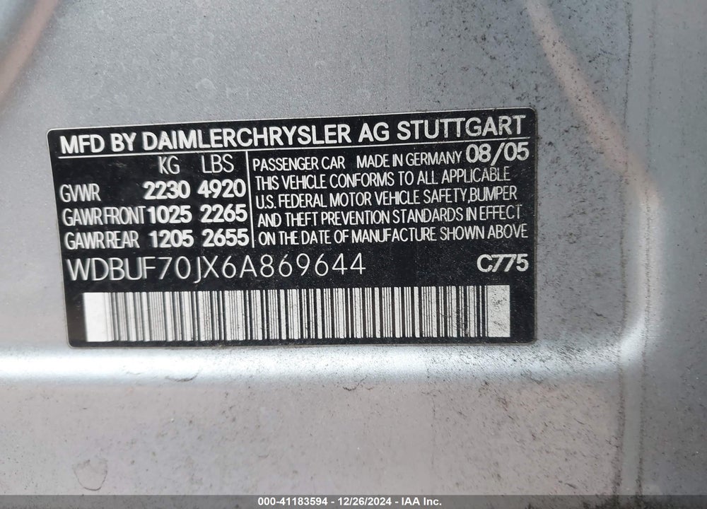 2006 MERCEDES-BENZ E 500 VIN: WDBUF70JX6A869644