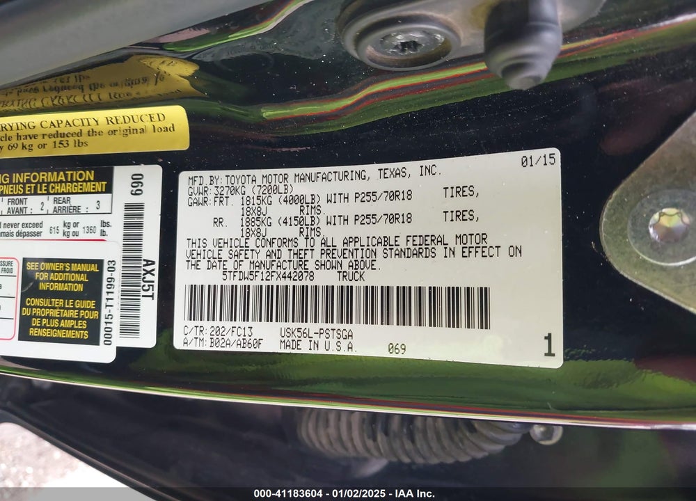 2015 TOYOTA TUNDRA VIN: 5TFDW5F12FX442078