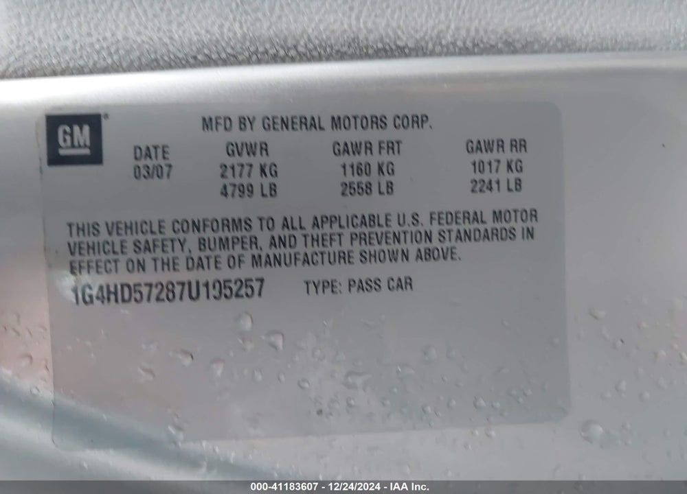 2007 BUICK LUCERNE CXL VIN: 1G4HD57287U195257