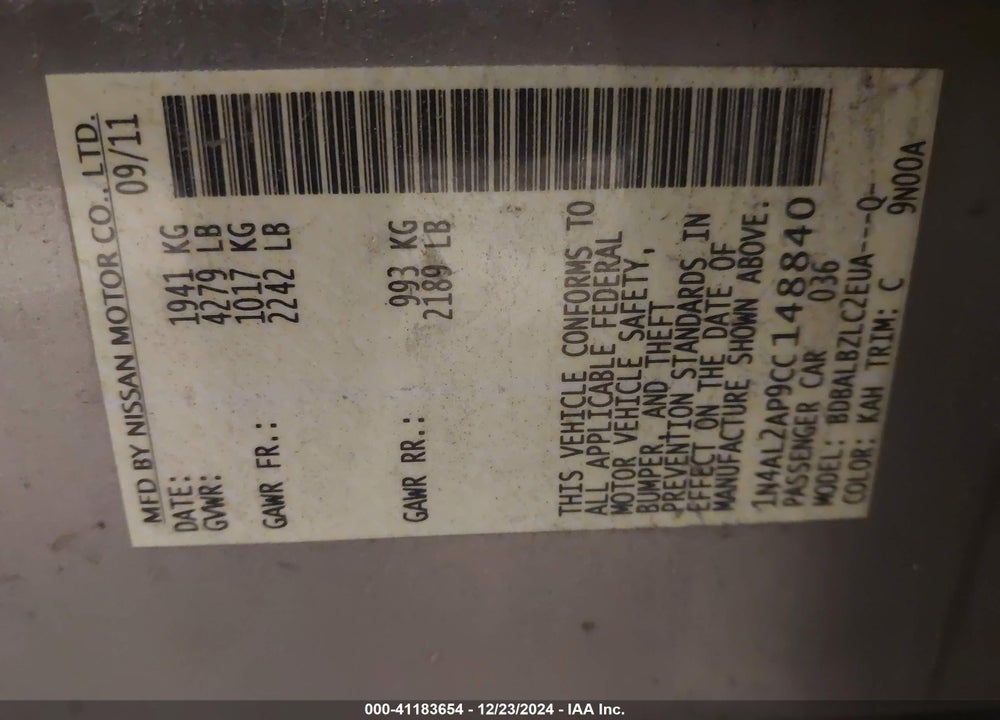 2012 NISSAN ALTIMA 2.5 S VIN: 1N4AL2AP9CC148840