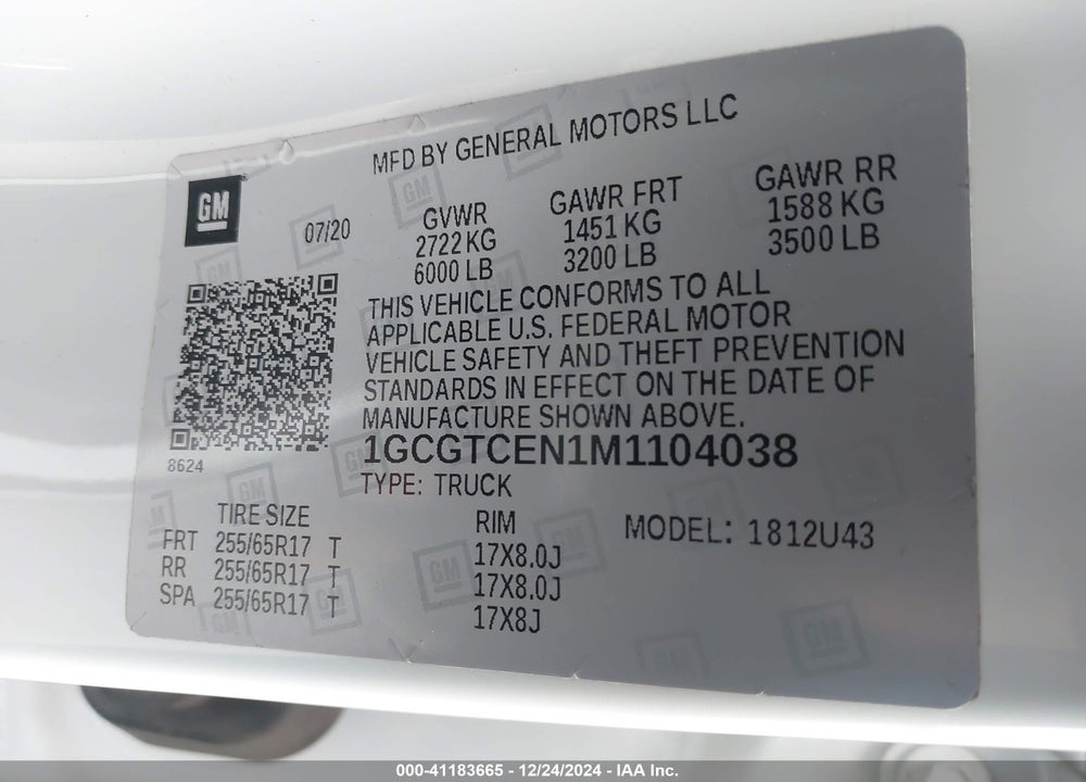 2021 CHEVROLET COLORADO 4WD LONG BOX LT VIN: 1GCGTCEN1M1104038