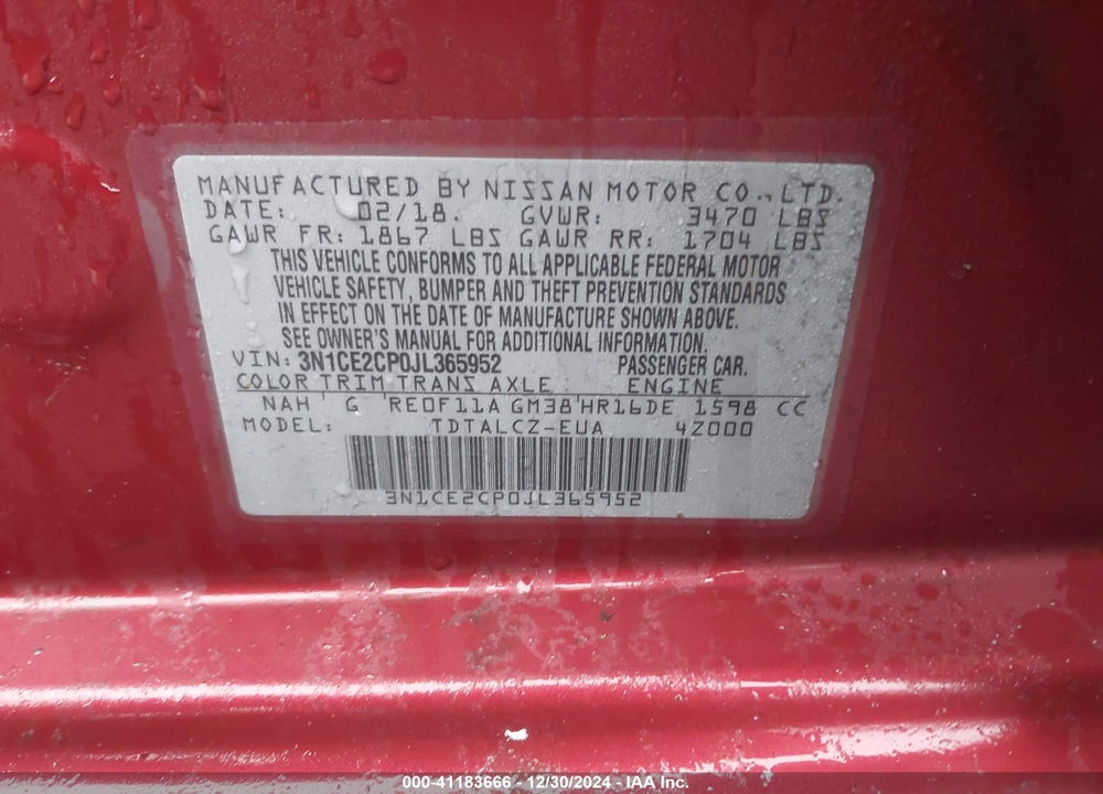 2018 NISSAN VERSA NOTE S VIN: 3N1CE2CP0JL365952