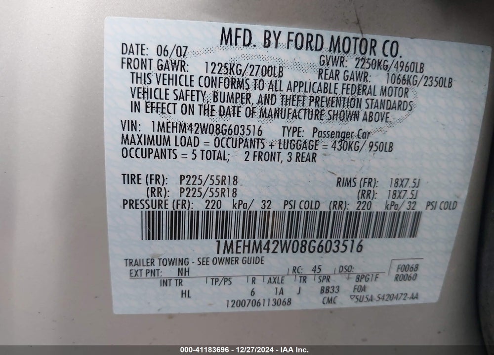 2008 MERCURY SABLE PREMIER VIN: 1MEHM42W08G603516