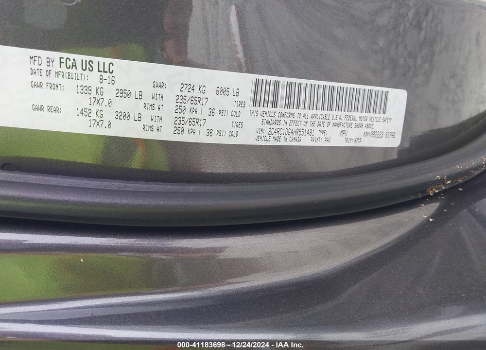 2017 CHRYSLER PACIFICA TOURING VIN: 2C4RC1DG4HR551481