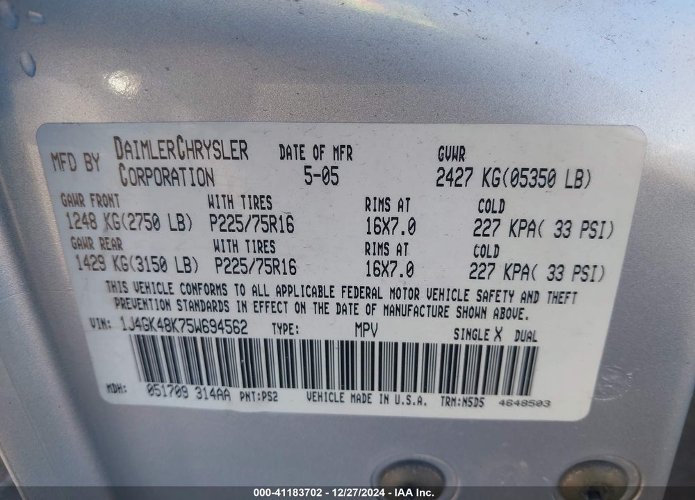 2005 JEEP LIBERTY SPORT VIN: 1J4GK48K75W694562