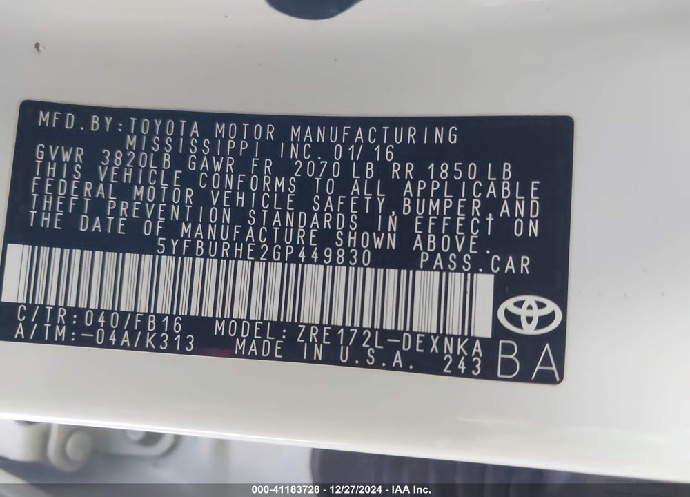 2016 TOYOTA COROLLA VIN: 5YFBURHE2GP449830