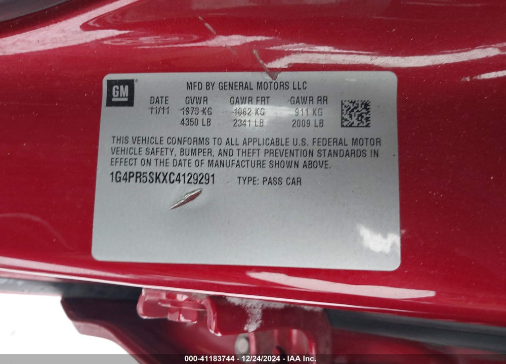 2012 BUICK VERANO VIN: 1G4PR5SKXC4129291