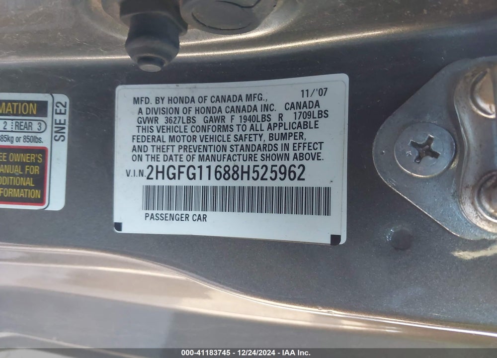 2008 HONDA CIVIC LX VIN: 2HGFG11688H525962