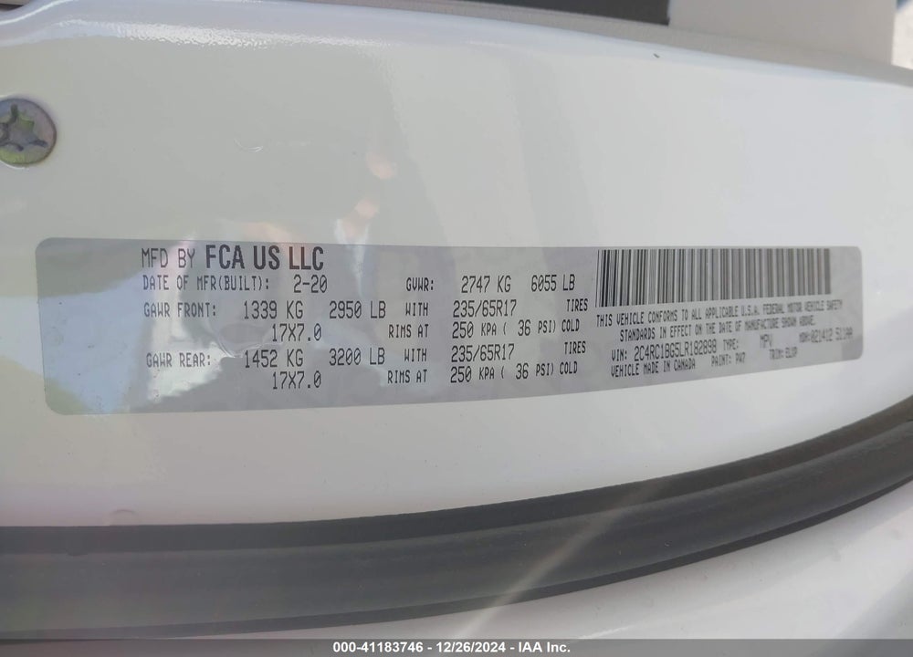 2020 CHRYSLER PACIFICA TOURING L VIN: 2C4RC1BG5LR182898